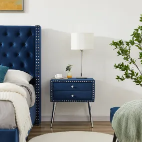 B109-TA Upholstered in durable 100% Blue Velvet nightstand 
Classic silver rivet elegant button tufted design with two drawer and metal legs