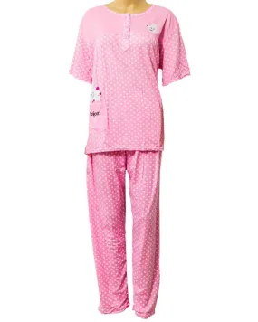 Baby 2 Pcs Pink Nightdress For Girls White Dotted & Front Button 703 - Women Nightdress