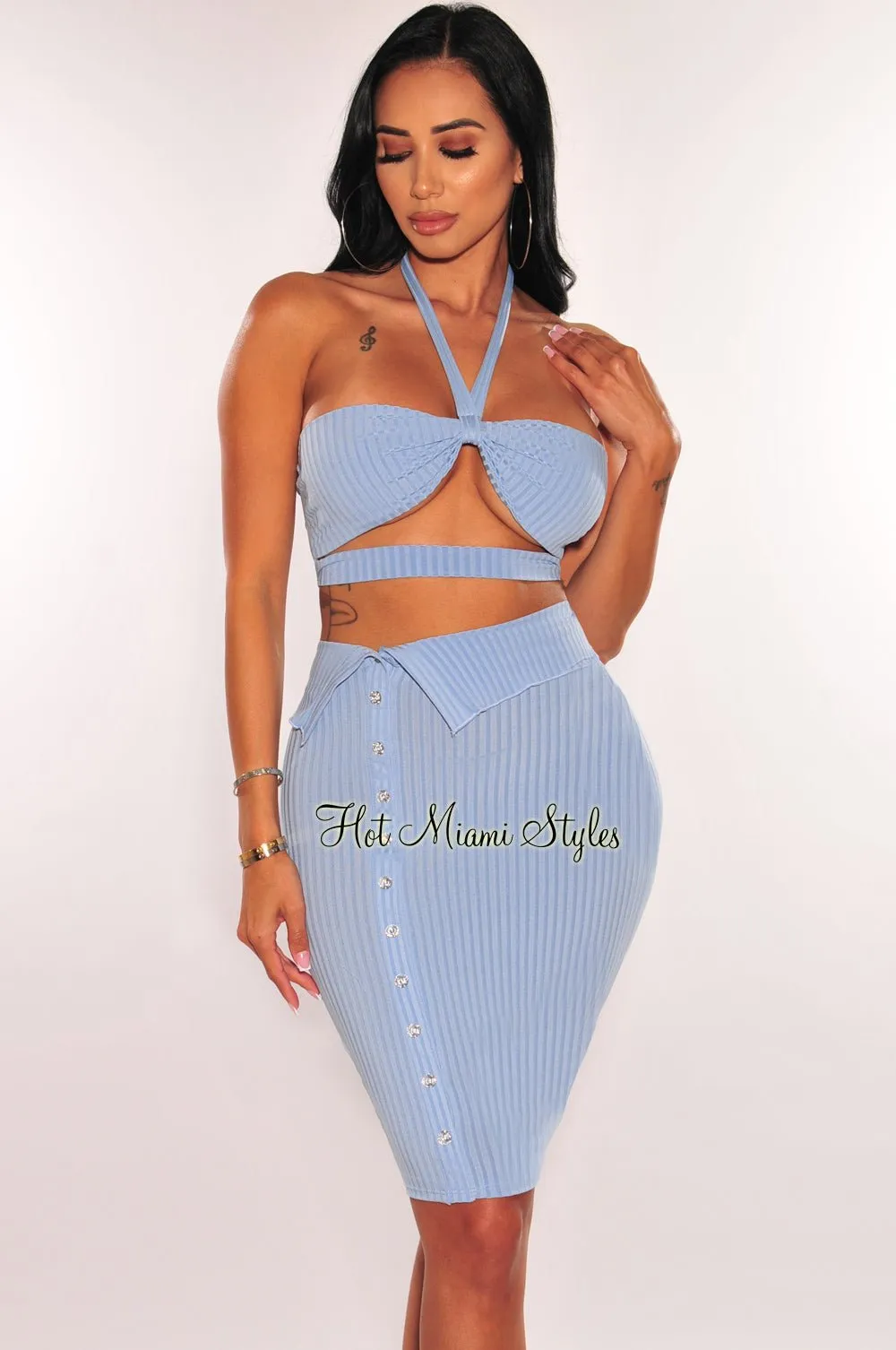 Baby Blue Ribbed Halter Cut Out Button Up Skirt Two Piece Set