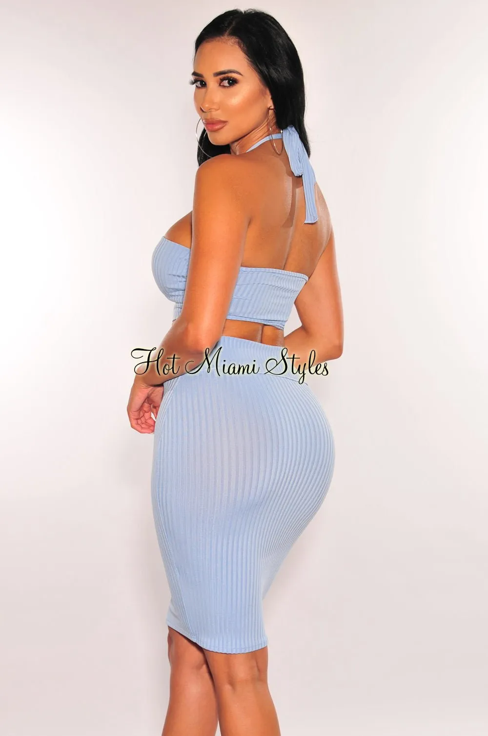 Baby Blue Ribbed Halter Cut Out Button Up Skirt Two Piece Set