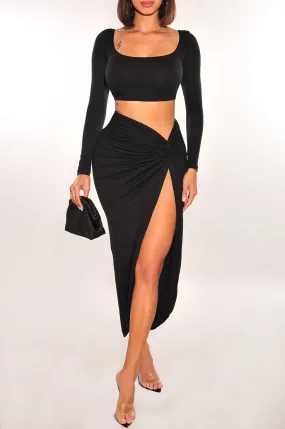 Black Long Sleeves Knotted Slit Skirt Two Piece Set