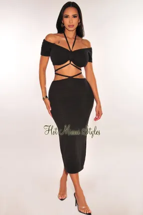 Black Ribbed Knit Halter Off Shoulder Wrap Around Slit Skirt Two Piece Set