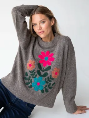 Boxy Intarsia Sweater - Brown Folk Flower