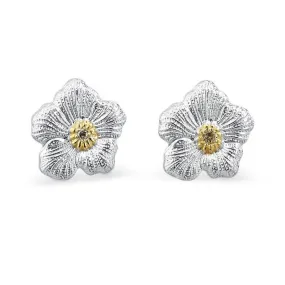 Buccellati - Blossoms Gardenia - Small Button Earrings with Brown Diamonds, Sterling Silver