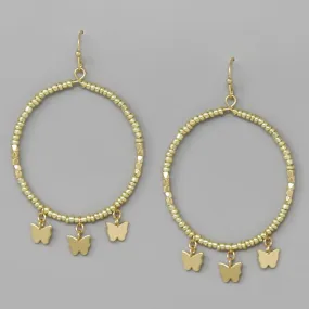 Butterfly Charm Seed Beaded Hoop Drop Earrings