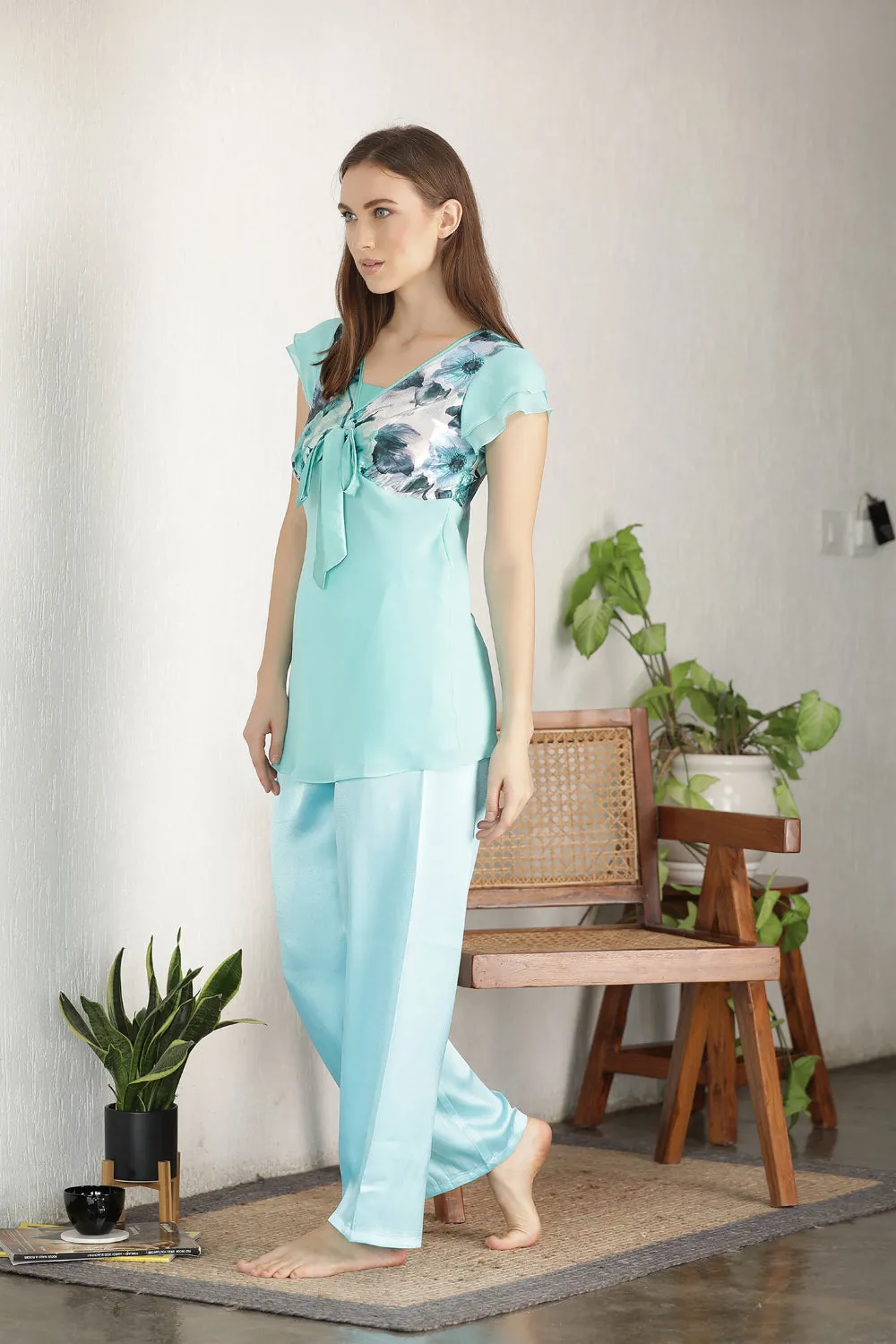 Light Green Chiffon & Satin Night suit