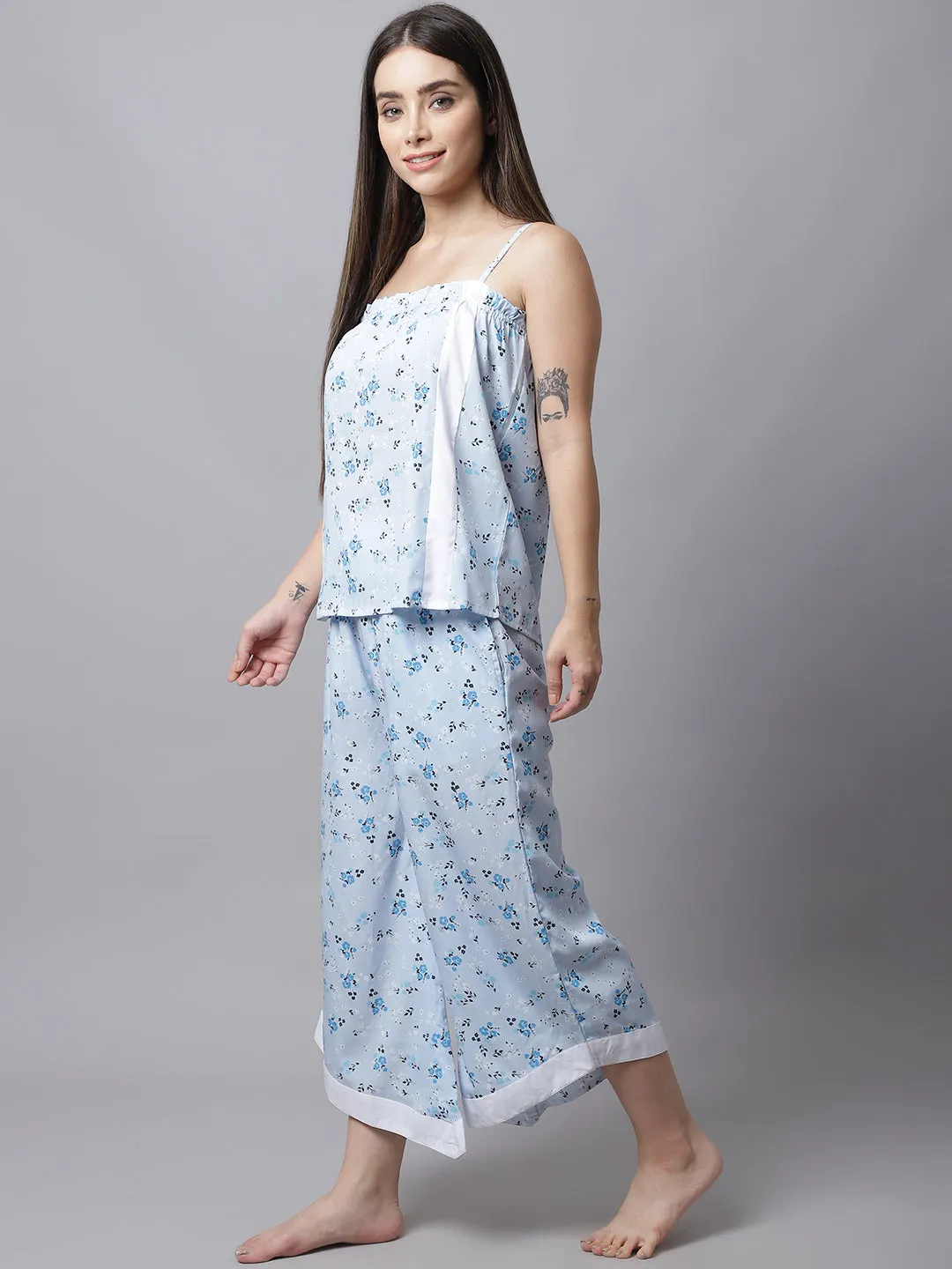 Printed Shoulder Straps Night Suit - Blue