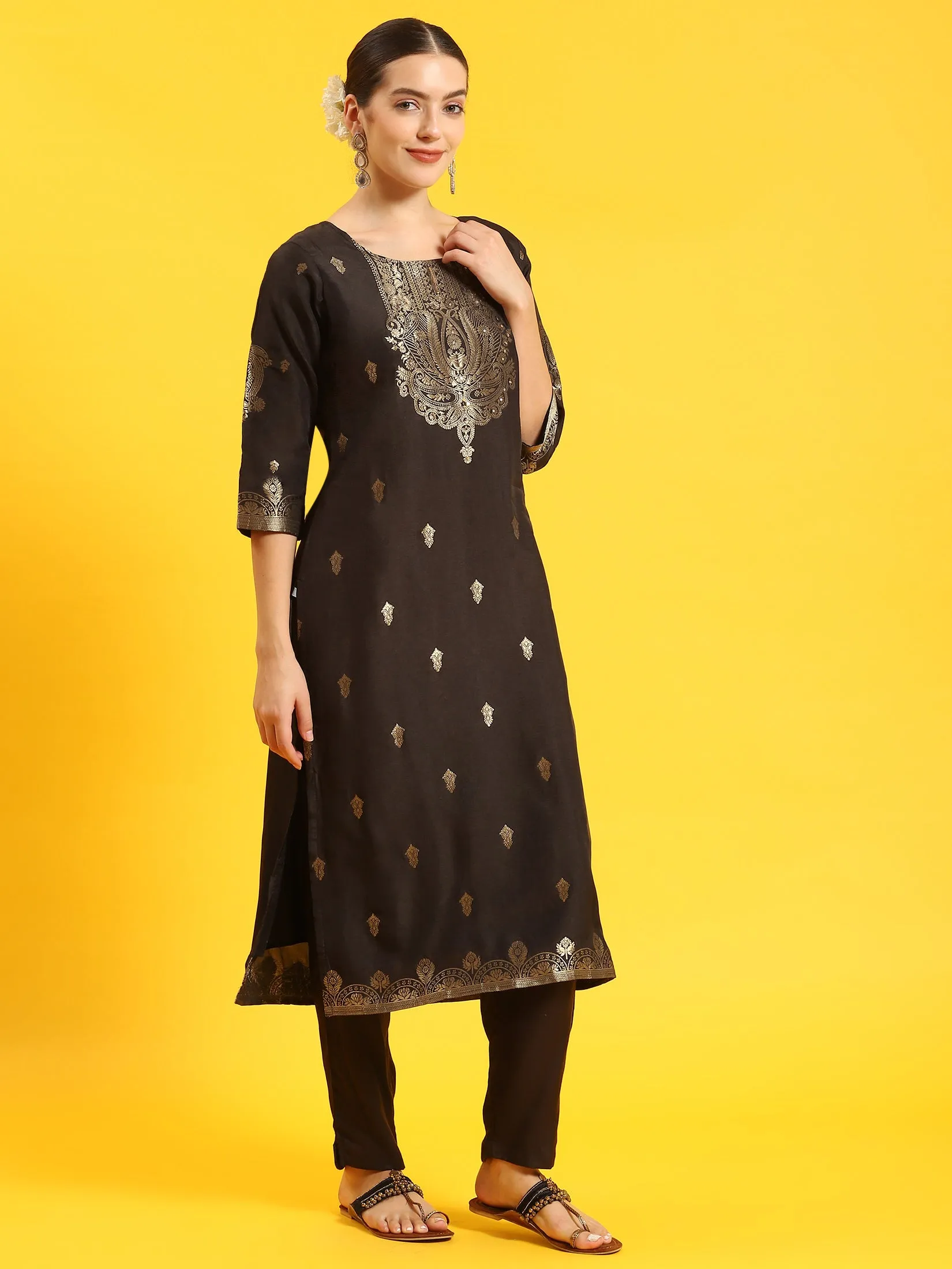 Women Black Printed Kurta Trouser Dupatta