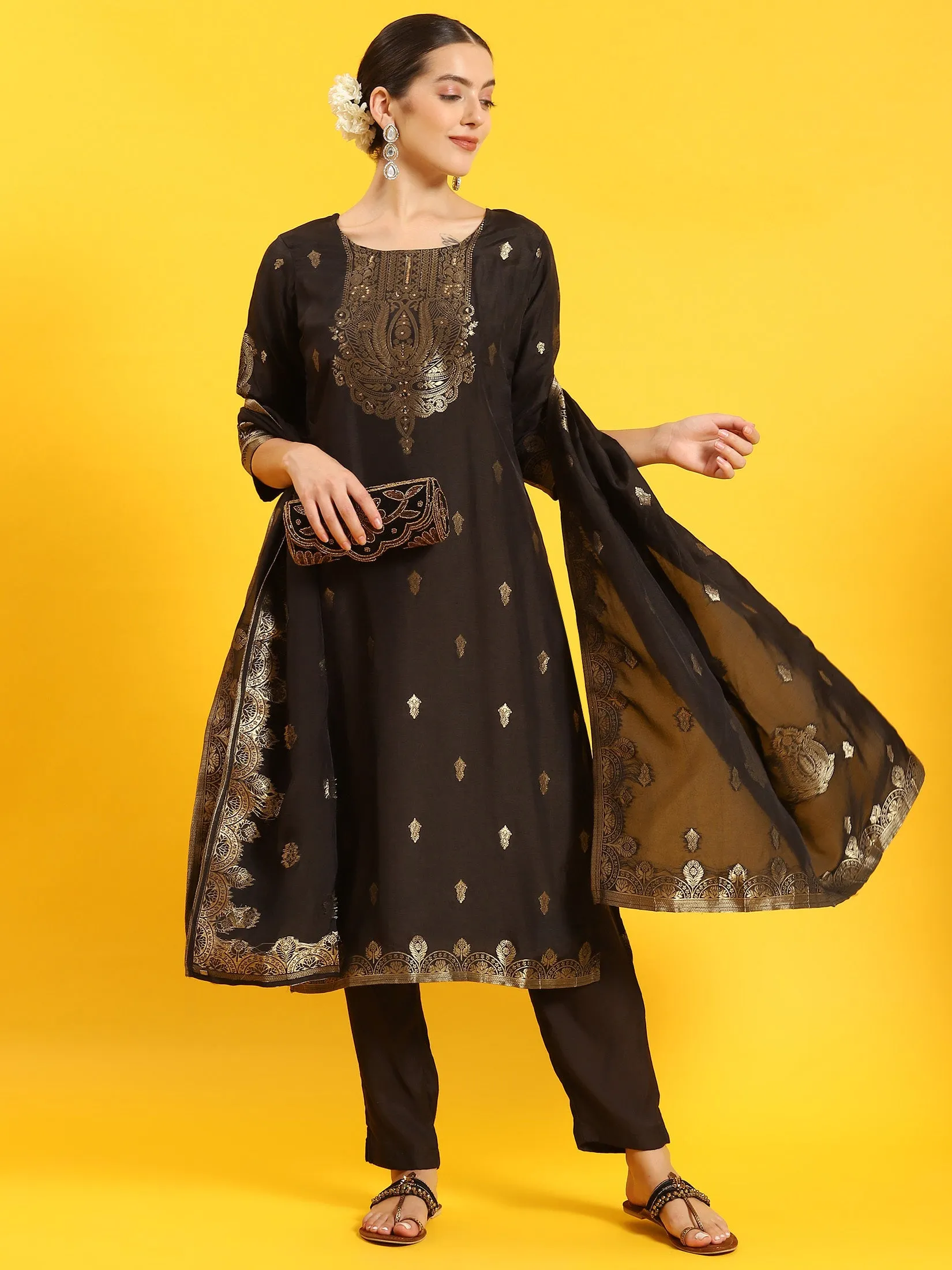 Women Black Printed Kurta Trouser Dupatta