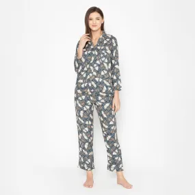 Women's Cotton Printed Night Suit Set of Shirt & Pyjama - Grey