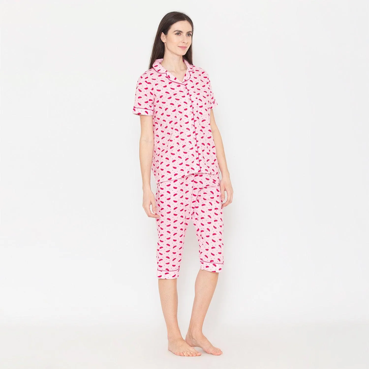 Women's Printed Night Suit Set of Shirt & Capri - Pink