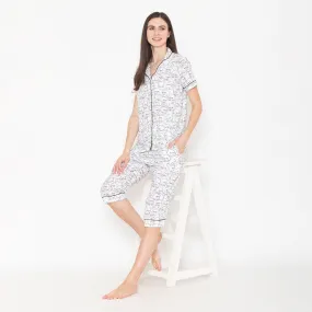 Women's Printed Night Suit Set of Shirt & Capri - White